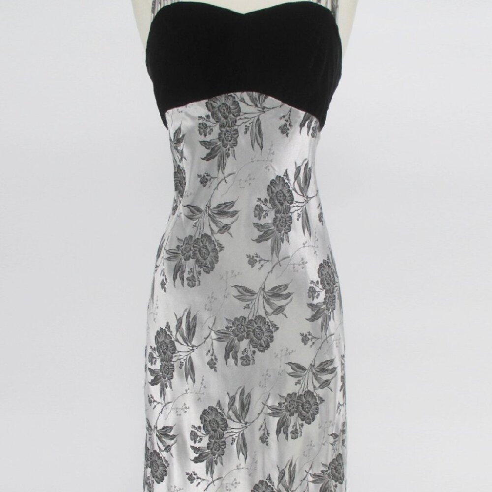 Vintage 90s Velvet Silver Jacquard Party Gown Dress XS - Picture 7 of 11
